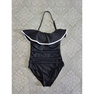 Holipick Black Ruched Ruffle Off-the-Shoulder Halter One-Piece Swimsuit Womens